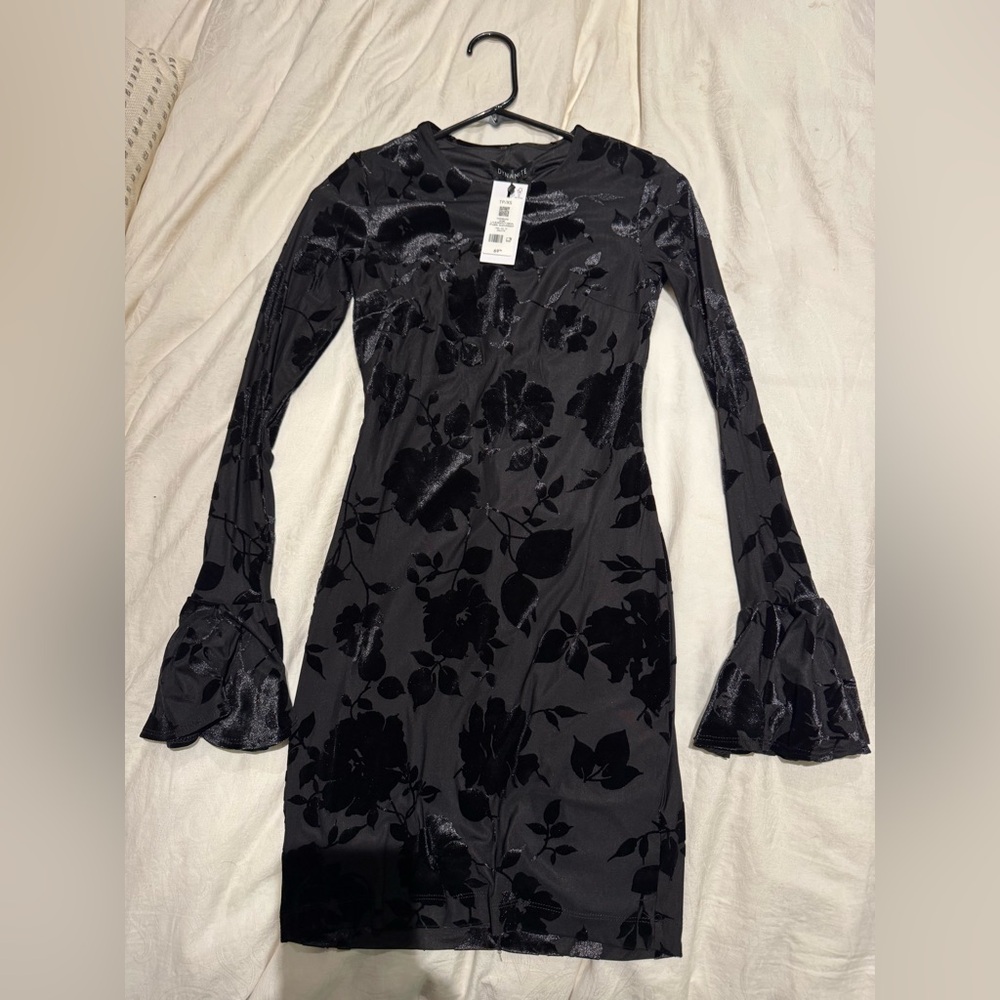Dynamite Black Cocktail Dress with Bell Sleeves and Crew Neck
